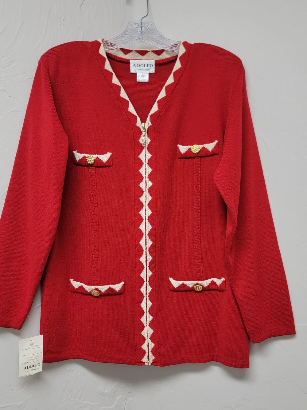 VTG Adolfo Collectable Womens Red Holiday Cardigan Sweater Lambswool Zip Front S
